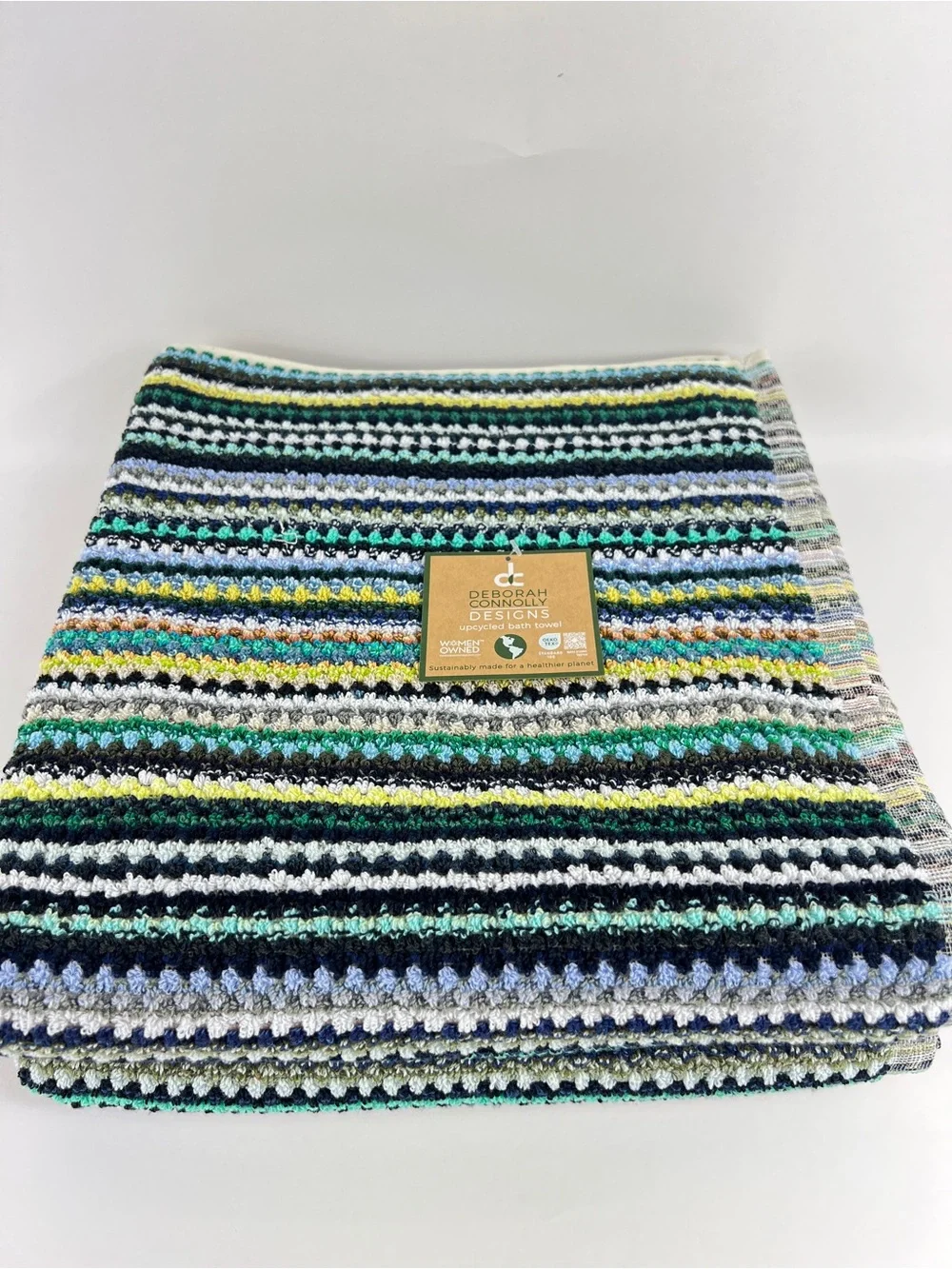 Deborah Connolly Bath Towels Boho Striped Blue Green Aqua Cotton 2 Pc Set NEW